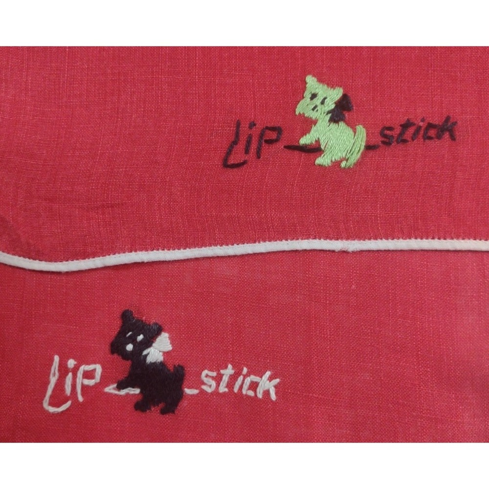 2 Vtg Red Lipstick Towel Hankie Embroidered Scotty Terrier